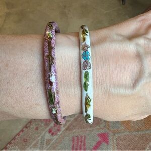 2 VTG Cloisonné Copper Asian Chinese Floral Enamel Bangle Set - White and Pink